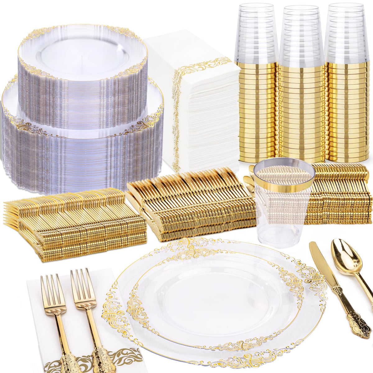 Nervure 350Pcs Gold Plastic Plates, Disposable Dinnerware Set for 50 Guests