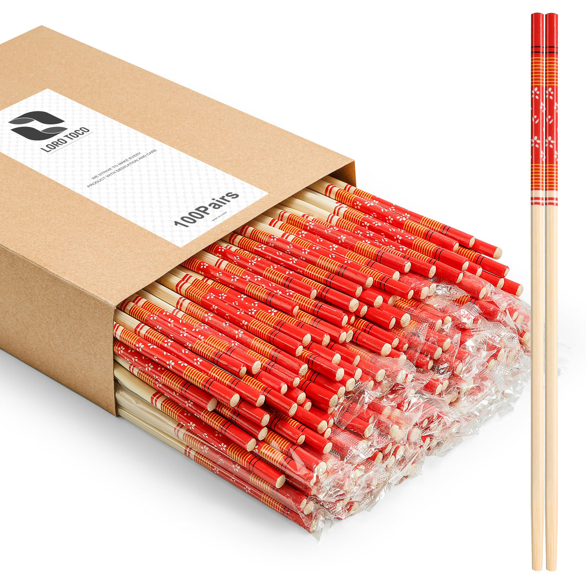 100Pairs Bamboo Chopsticks Disposable | Individually Wrapped | Bulk | Separated | Round | Premium Quality-（9.45in)