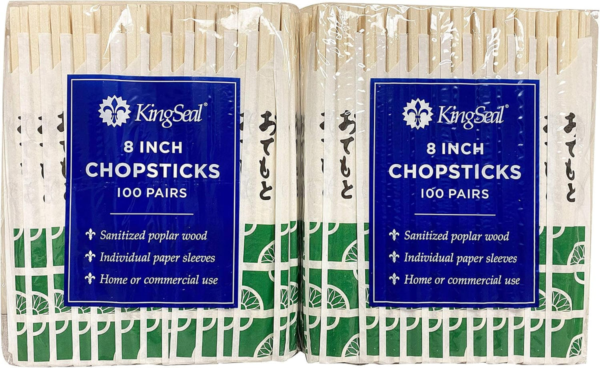 200 Count | KingSeal 8 Inch Natural Poplar Disposable Wood Chopsticks, Paper Sleeve, Waribashi, Bulk Pack - 2 Packs x 100 Pairs