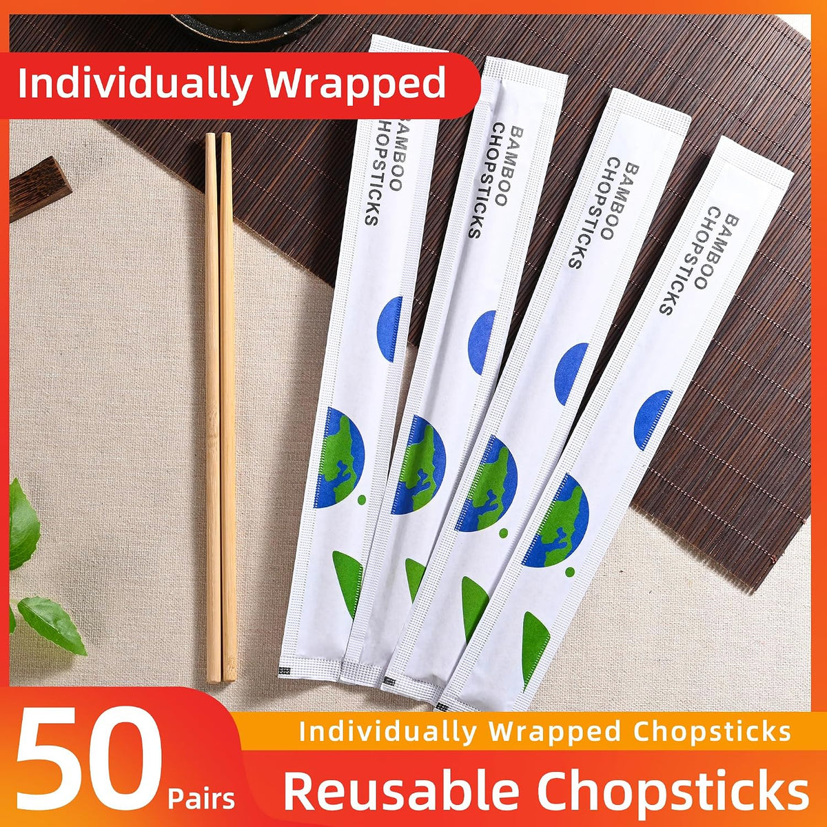 VIWIK 50 Pairs Bamboo Chopsticks, Individually Wrapped Reusable & Disposable Natural Bamboo Chop sticks, Smooth-Finish Bamboo Chopsticks, Splinter-Free, 9 Inch
